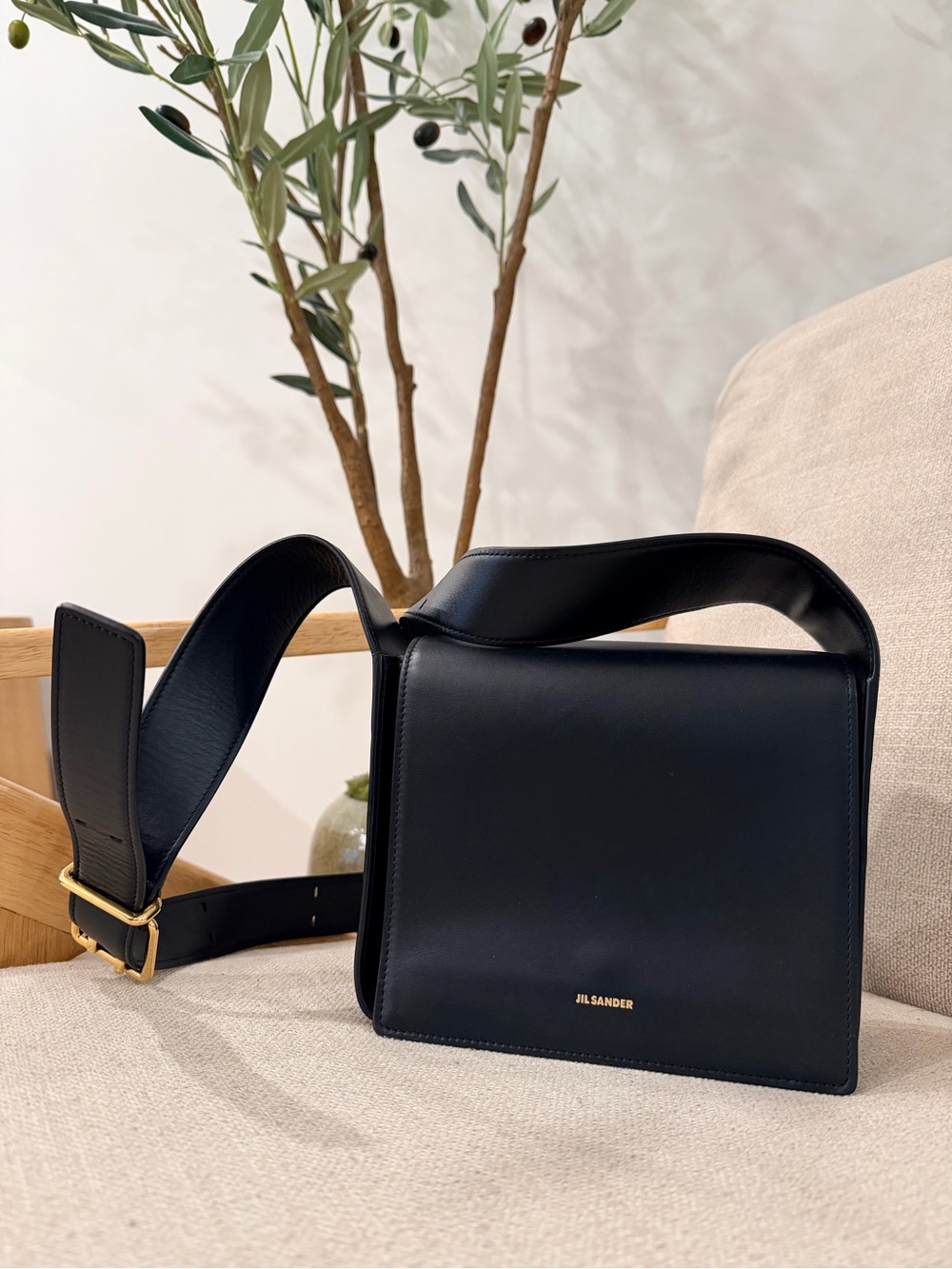 Jil Sander Black Leather Structured Sling Crossbody Bag with Gold Hardware